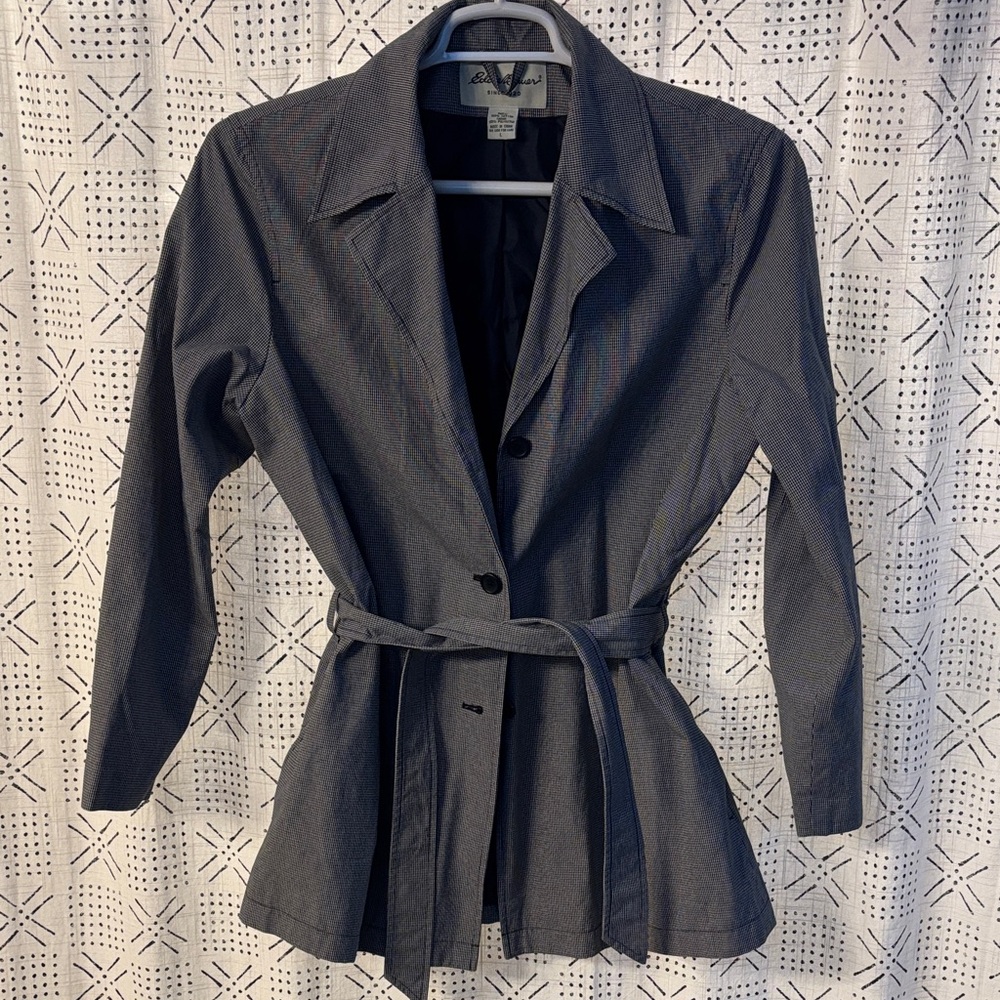 Eddie Bauer Mini Check Print Mid Length Light Trench Coat Jacket